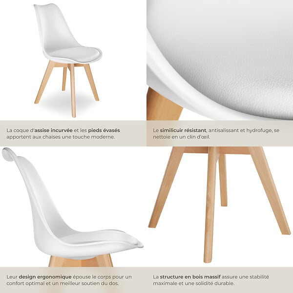 TECTAKE - Lot 2 chaises salle à manger style scandinave forme ergonomique blanc - large