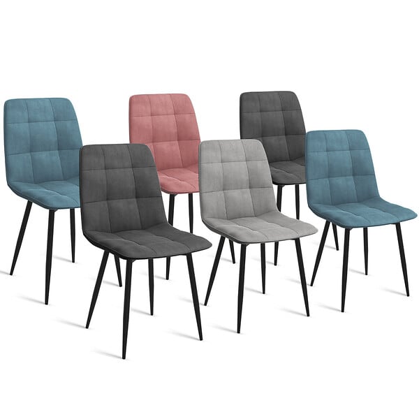 ID MARKET - Lot de 6 chaises MILA en velours mix color pastel bleu x2, gris foncé x2, gris clair, rose - large