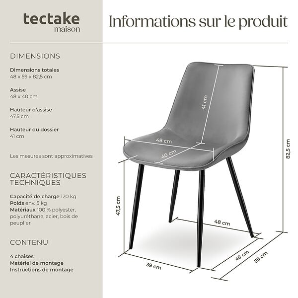 TECTAKE - Lot de 4 chaises Rembourrées aspect velours assise Ergonomique gris - large