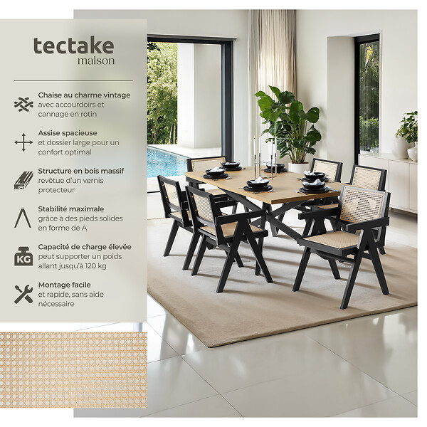TECTAKE - Lot 4 chaises de salle à manger cannage viennois style boho noir - large