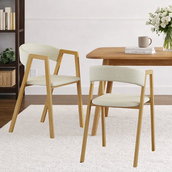 ID MARKET - Lot de 4 chaises CAMILLE en métal effet bois et tissu beige avec accoudoirs - large