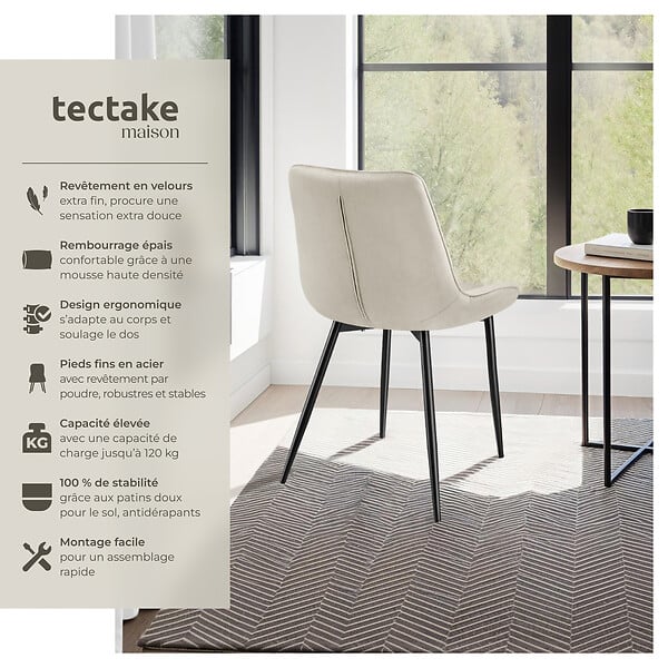 TECTAKE - Lot 2 chaises assise ergonomique rembourrée aspect velours crème - large