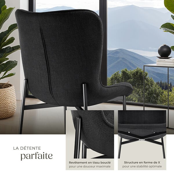 TECTAKE - 4 chaises rembourrées revêtement en tissu et forme ergonomique noir - large