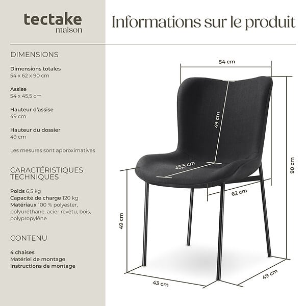 TECTAKE - 4 chaises rembourrées revêtement en tissu et forme ergonomique noir - large