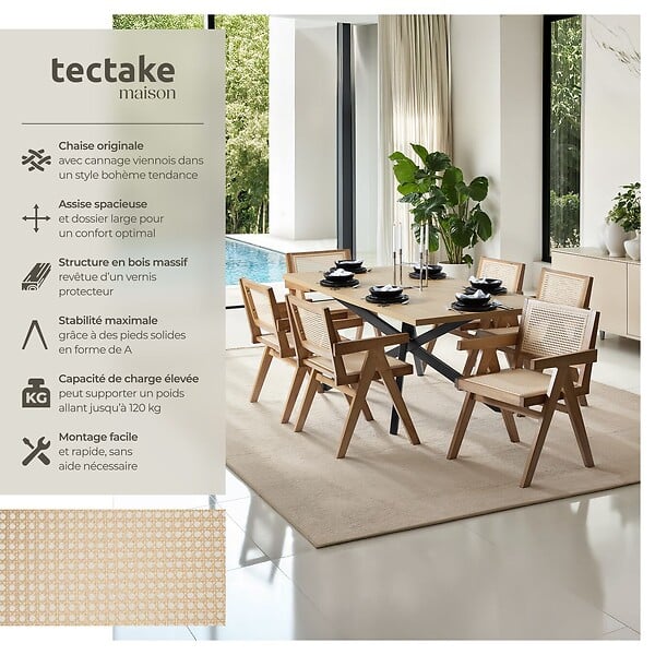 TECTAKE - Lot 4 chaises de salle à manger cannage viennois boho chêne clair - large