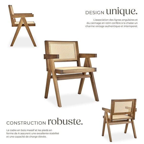 TECTAKE - Lot 4 chaises de salle à manger cannage viennois boho chêne clair - large