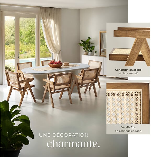 TECTAKE - Lot 4 chaises de salle à manger cannage viennois boho chêne clair - large