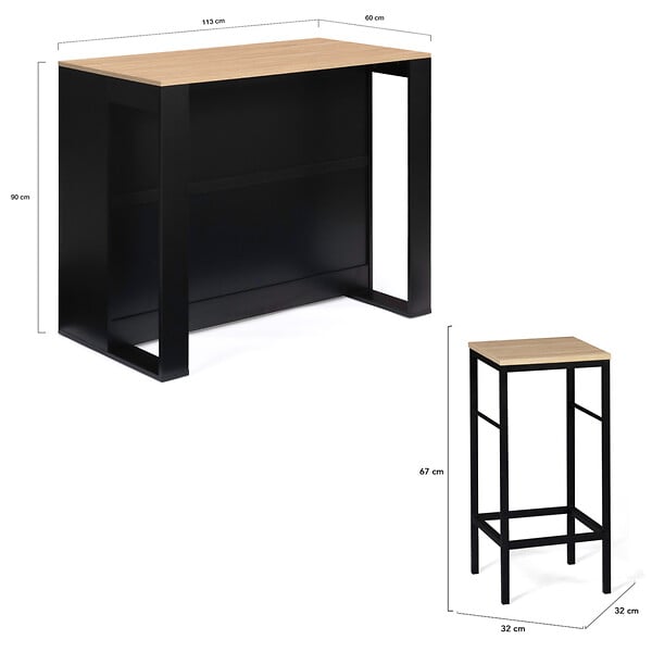 ID MARKET - Ensemble table de bar îlot JUNO bois noir avec plateau façon hêtre et 2 tabourets de bar DETROIT - large