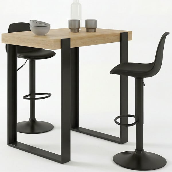 ID MARKET - Ensemble table de bar PHOENIX bois et noir et 2 tabourets KARL noir pied noir - large