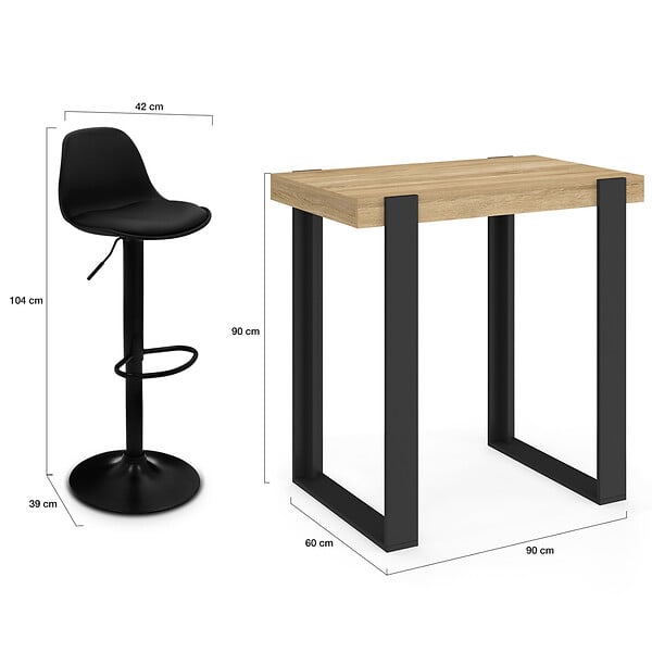 ID MARKET - Ensemble table de bar PHOENIX bois et noir et 2 tabourets KARL noir pied noir - large