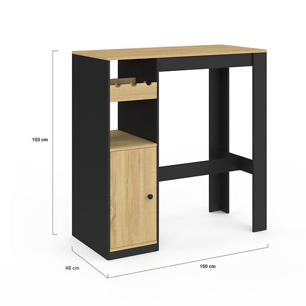 ID MARKET - Table de bar AMERI avec placard et range bouteilles 2 personnes bois et noir - large