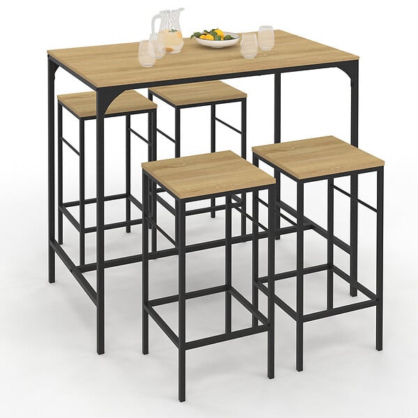 ID MARKET - Ensemble table haute de bar DETROIT 100 cm et 4 tabourets bois et métal noir design industriel - large