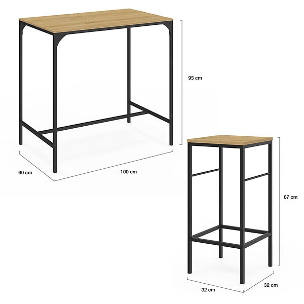 ID MARKET - Ensemble table haute de bar DETROIT 100 cm et 4 tabourets bois et métal noir design industriel - large