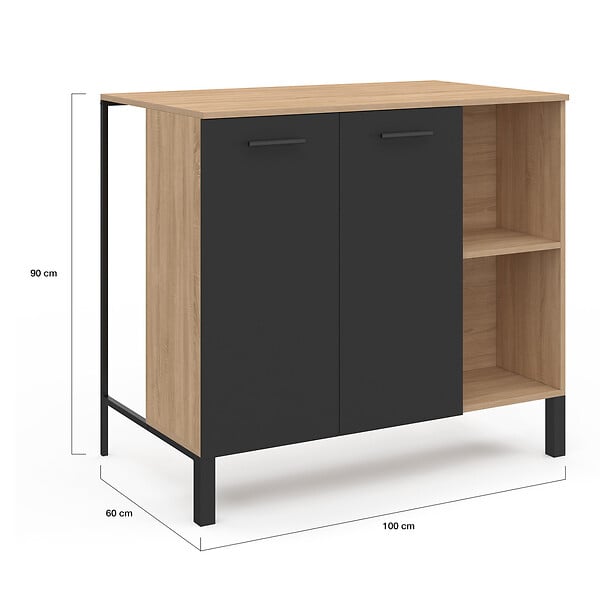 ID MARKET - Table de bar îlot CINA 100 cm bois noir et plateau façon hêtre - large