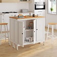 ID MARKET - Ensemble table de bar îlot Achille et 2 tabourets bois blanc plateau façon hêtre - vignette