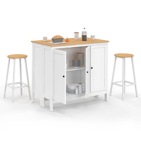 ID MARKET - Ensemble table de bar îlot Achille et 2 tabourets bois blanc plateau façon hêtre - large