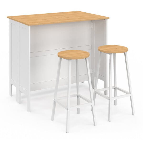 ID MARKET - Ensemble table de bar îlot Achille et 2 tabourets bois blanc plateau façon hêtre - large