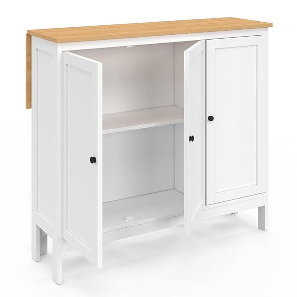 ID MARKET - Ensemble table de bar îlot Achille et 2 tabourets bois blanc plateau façon hêtre - large