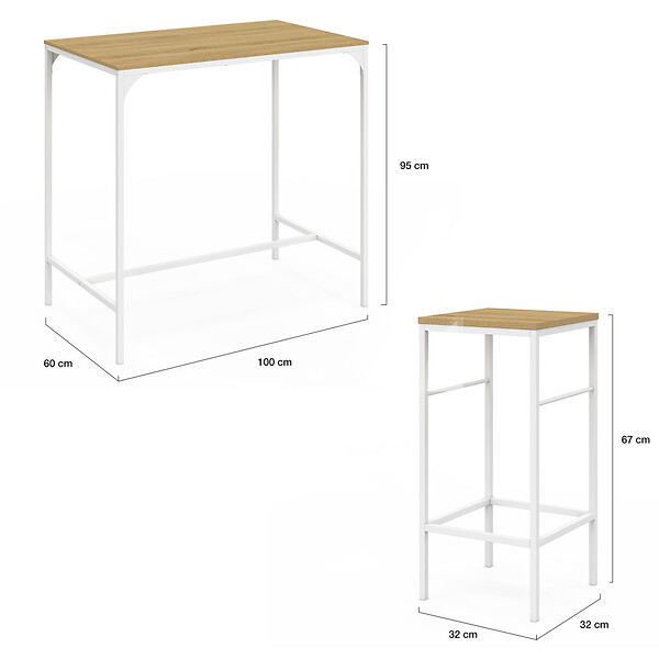 ID MARKET - Ensemble table haute de bar DETROIT 100 cm et 4 tabourets de bar bois et métal blanc design industriel - large