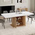 ID MARKET - Table à manger extensible rectangle JULIETTE 6-10 personnes plateau effet marbre lattes tasseau bois avec rangement 160-200 cm - vignette