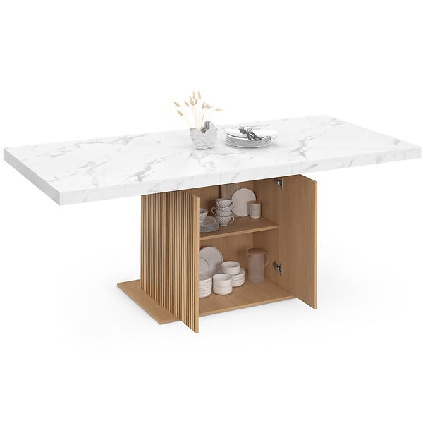 ID MARKET - Table à manger extensible rectangle JULIETTE 6-10 personnes plateau effet marbre lattes tasseau bois avec rangement 160-200 cm - large