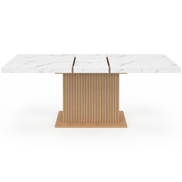 ID MARKET - Table à manger extensible rectangle JULIETTE 6-10 personnes plateau effet marbre lattes tasseau bois avec rangement 160-200 cm - large