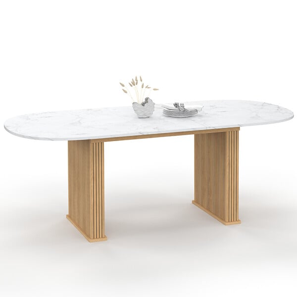 ID MARKET - Table à manger extensible ovale JULIETTE 6-10 personnes pieds effet lattes et plateau effet marbre ALASKA 160-200 cm - large
