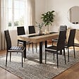 ID MARKET - Ensemble table à manger rectangle PHOENIX bois et noir bande centrale noire 160 cm et 6 chaises ROMANE noires bandeau blanc - vignette