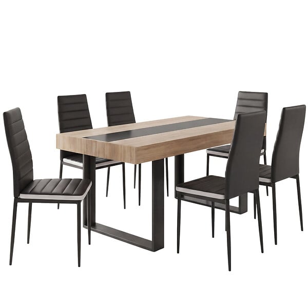 ID MARKET - Ensemble table à manger rectangle PHOENIX bois et noir bande centrale noire 160 cm et 6 chaises ROMANE noires bandeau blanc - large