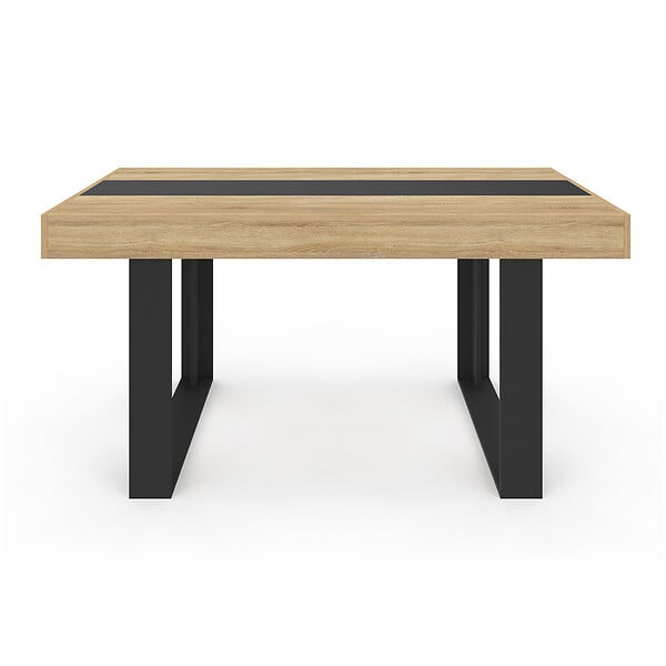 ID MARKET - Ensemble table à manger rectangle PHOENIX bois et noir bande centrale noire 160 cm et 6 chaises ROMANE noires bandeau blanc - large