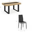 ID MARKET - Ensemble table à manger rectangle PHOENIX bois et noir bande centrale noire 160 cm et 6 chaises ROMANE noires bandeau blanc - vignette