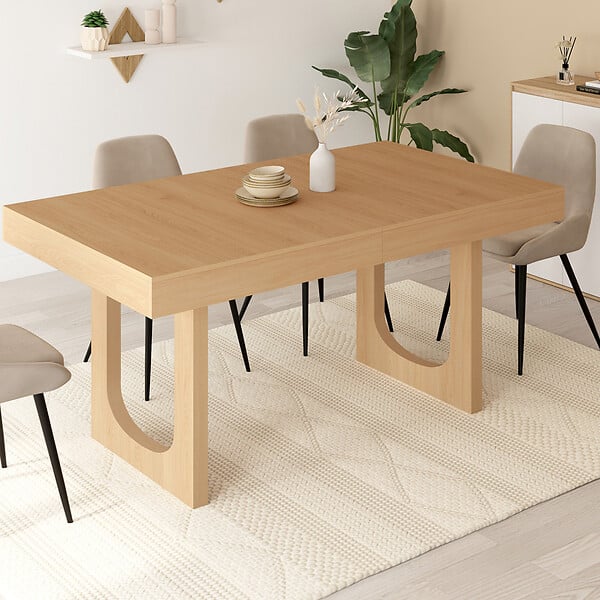 ID MARKET - Table à manger extensible rectangle ALOISE 4-8 personnes pied arc bois effet hêtre 160-200 cm - large