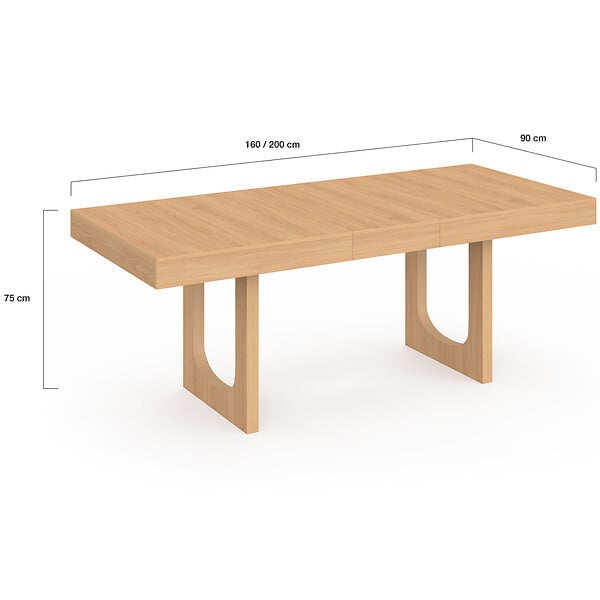 ID MARKET - Table à manger extensible rectangle ALOISE 4-8 personnes pied arc bois effet hêtre 160-200 cm - large