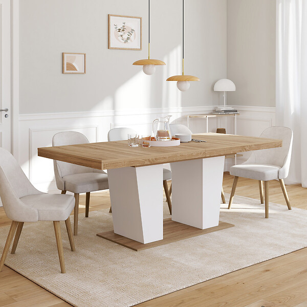 ID MARKET - Table à manger extensible rectangle ELIAD 8-12 personnes bois et blanc 200-250 cm - large