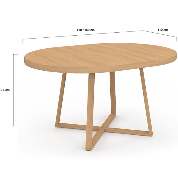 ID MARKET - Table à manger extensible ronde SELMA 4-8 personnes bois effet hêtre 110-150 cm - large
