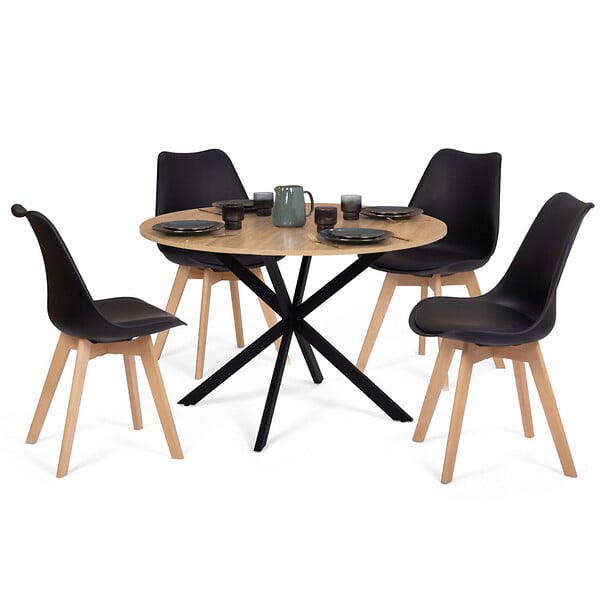 ID MARKET - Ensemble table à manger ronde ALIX 110 cm bois et noir et 4 chaises SARA noires - large