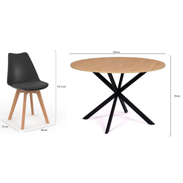 ID MARKET - Ensemble table à manger ronde ALIX 110 cm bois et noir et 4 chaises SARA noires - large