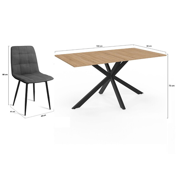 ID MARKET - Ensemble table à manger rectangle ALIX 160 cm bois et noir et 6 chaises MILA en velours gris foncé - large