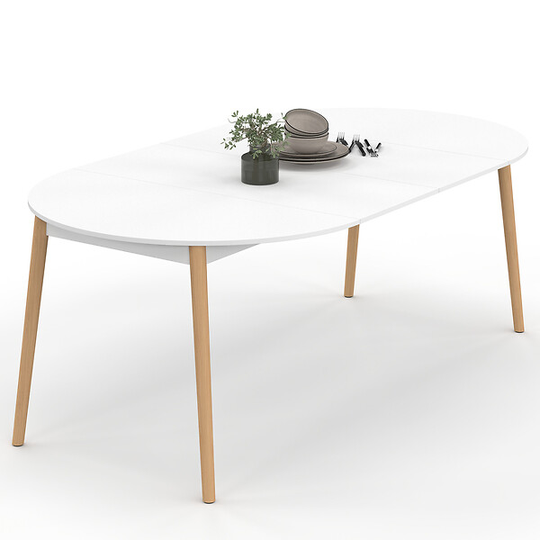 ID MARKET - Table à manger extensible ronde ANGELA 4-10 personnes blanc pied bois 110 - 200 cm - large
