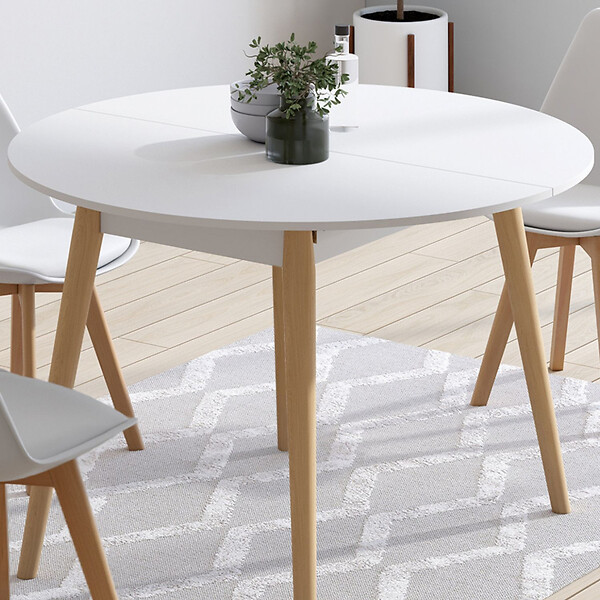 ID MARKET - Table à manger extensible ronde ANGELA 4-10 personnes blanc pied bois 110 - 200 cm - large