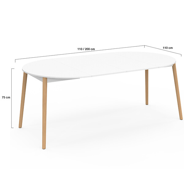 ID MARKET - Table à manger extensible ronde ANGELA 4-10 personnes blanc pied bois 110 - 200 cm - large