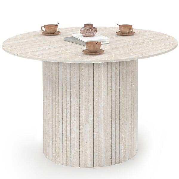 ID MARKET - Table à manger ronde JULIETTE 6 personnes pied central effet lattes façon travertin 110 cm - large