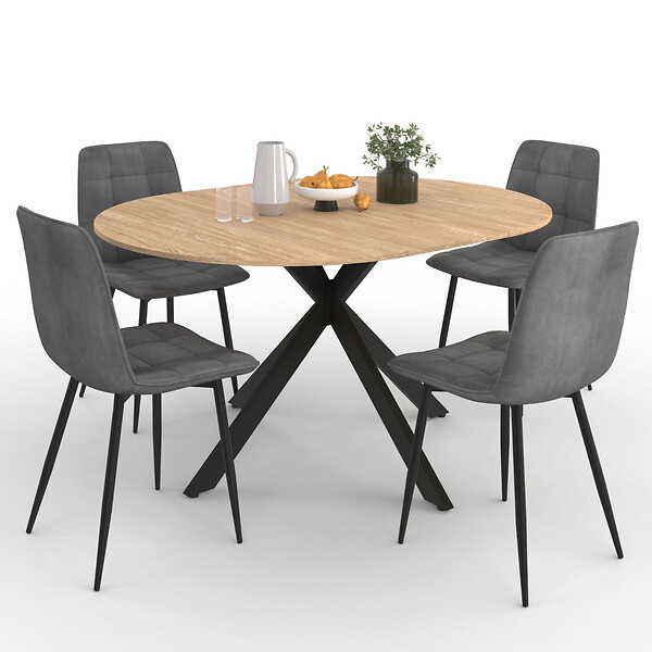 ID MARKET - Ensemble table à manger ronde extensible ALIX 110 - 150 cm et 4 chaises MILA en velours gris foncé - large