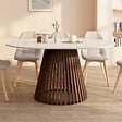 ID MARKET - Table à manger extensible ronde CARMEN 4-8 personnes pied noyer en lattes et plateau effet travertin 110 - 150 cm - vignette