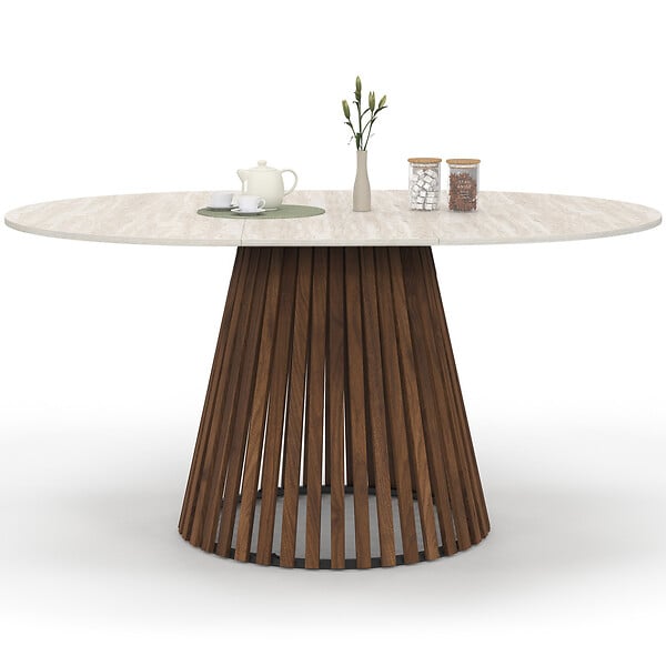 ID MARKET - Table à manger extensible ronde CARMEN 4-8 personnes pied noyer en lattes et plateau effet travertin 110 - 150 cm - large