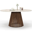 ID MARKET - Table à manger extensible ronde CARMEN 4-8 personnes pied noyer en lattes et plateau effet travertin 110 - 150 cm - vignette