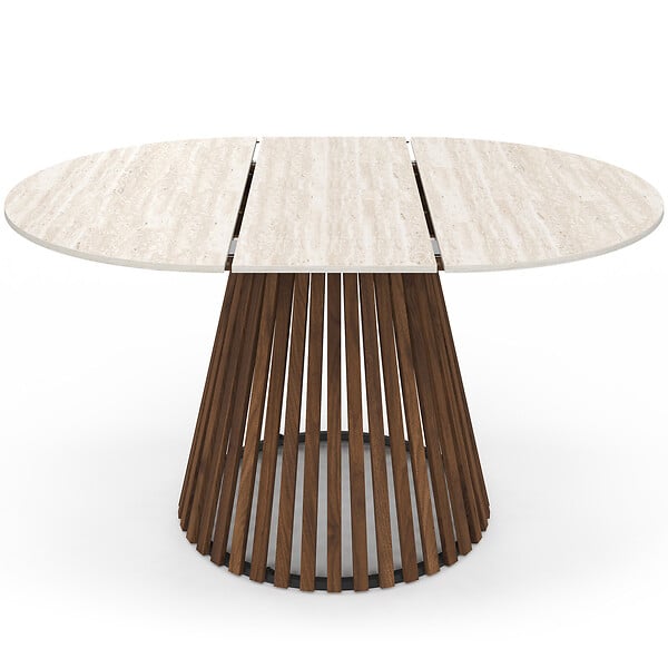 ID MARKET - Table à manger extensible ronde CARMEN 4-8 personnes pied noyer en lattes et plateau effet travertin 110 - 150 cm - large