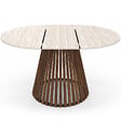 ID MARKET - Table à manger extensible ronde CARMEN 4-8 personnes pied noyer en lattes et plateau effet travertin 110 - 150 cm - vignette