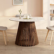 ID MARKET - Table à manger extensible ronde CARMEN 4-8 personnes pied noyer en lattes et plateau effet travertin 110 - 150 cm - vignette