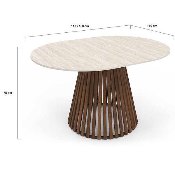 ID MARKET - Table à manger extensible ronde CARMEN 4-8 personnes pied noyer en lattes et plateau effet travertin 110 - 150 cm - large